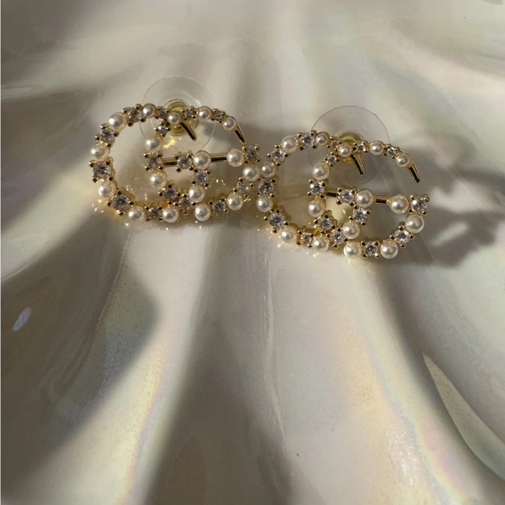 Gucci Crystal Faux Pearl and Polished Gold Large Stud Earrings